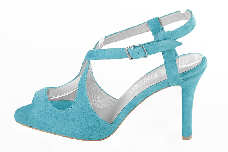 Turquoise blue women's open back sandals, with crossed straps. Round toe. High slim heel. Profile view - Florence KOOIJMAN